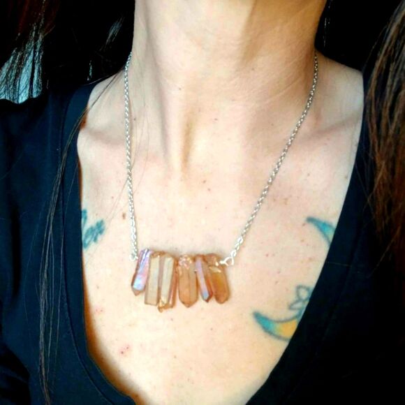 Dyed Orange Aura Quartz Crystal Point Necklace, Stainless Boho Statement 18" - Picture 5 of 7